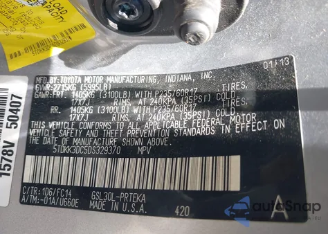 2013 Toyota Sienna Le V6 8 Passenger from USA, damaged, VIN 5TDKK3DC5DS329370